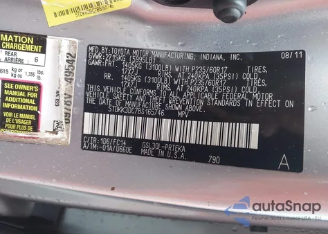 2011 Toyota Sienna Le z USA, uszkodzony, nr VIN 5TDKK3DC7BS165746